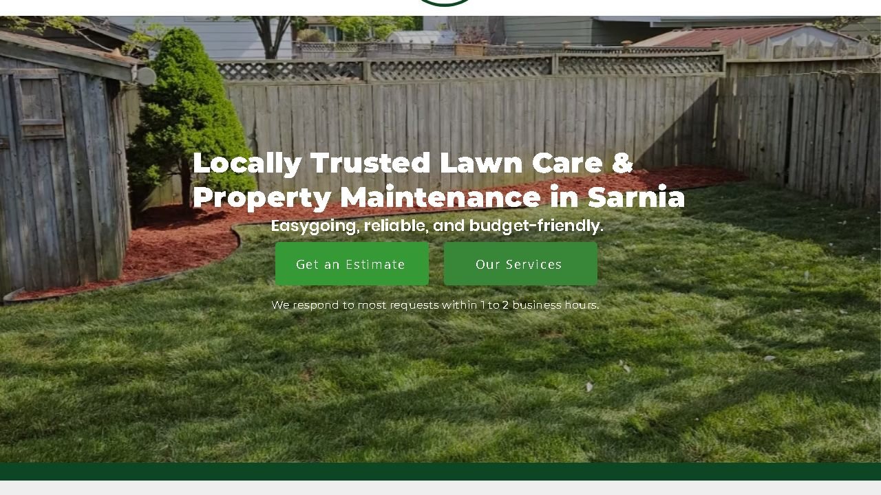 Lambton Maintenance Men homepage, showing the hero section with a lawn care photo and call-to-action buttons